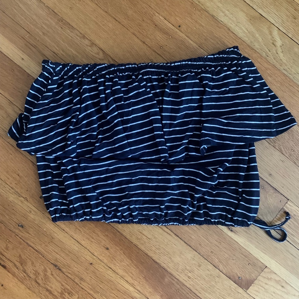 Abercrombie & Fitch Navy and White Striped Off-Shoulder Crop Top